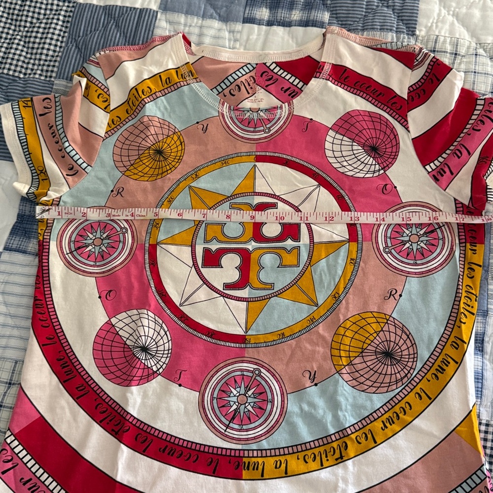 Tory Burch Compass Print T Shirt S Pinks Red 100 % cotton vguc - Picture 7 of 12
